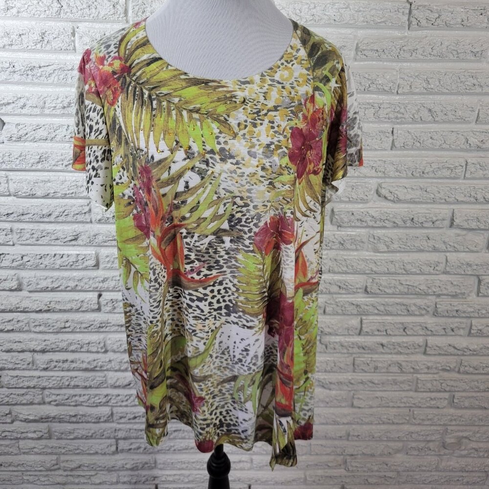 Terra Sky Womens 1X 16W 18W Plus Tee Green Floral Studded Lightweight‎ FLO306E
